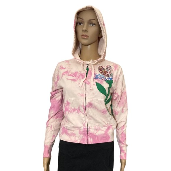 Lucky Brand Hoodie Small 3D Patchwork Flower Pink Tie Dyed Full Zip Pouch Knit - Picture 3 of 6